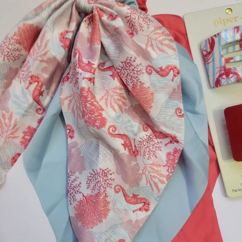 Piper K Coastal Seahorse Scarf Scrunchie & Lobster Flat Hair Clip Nautical Beach